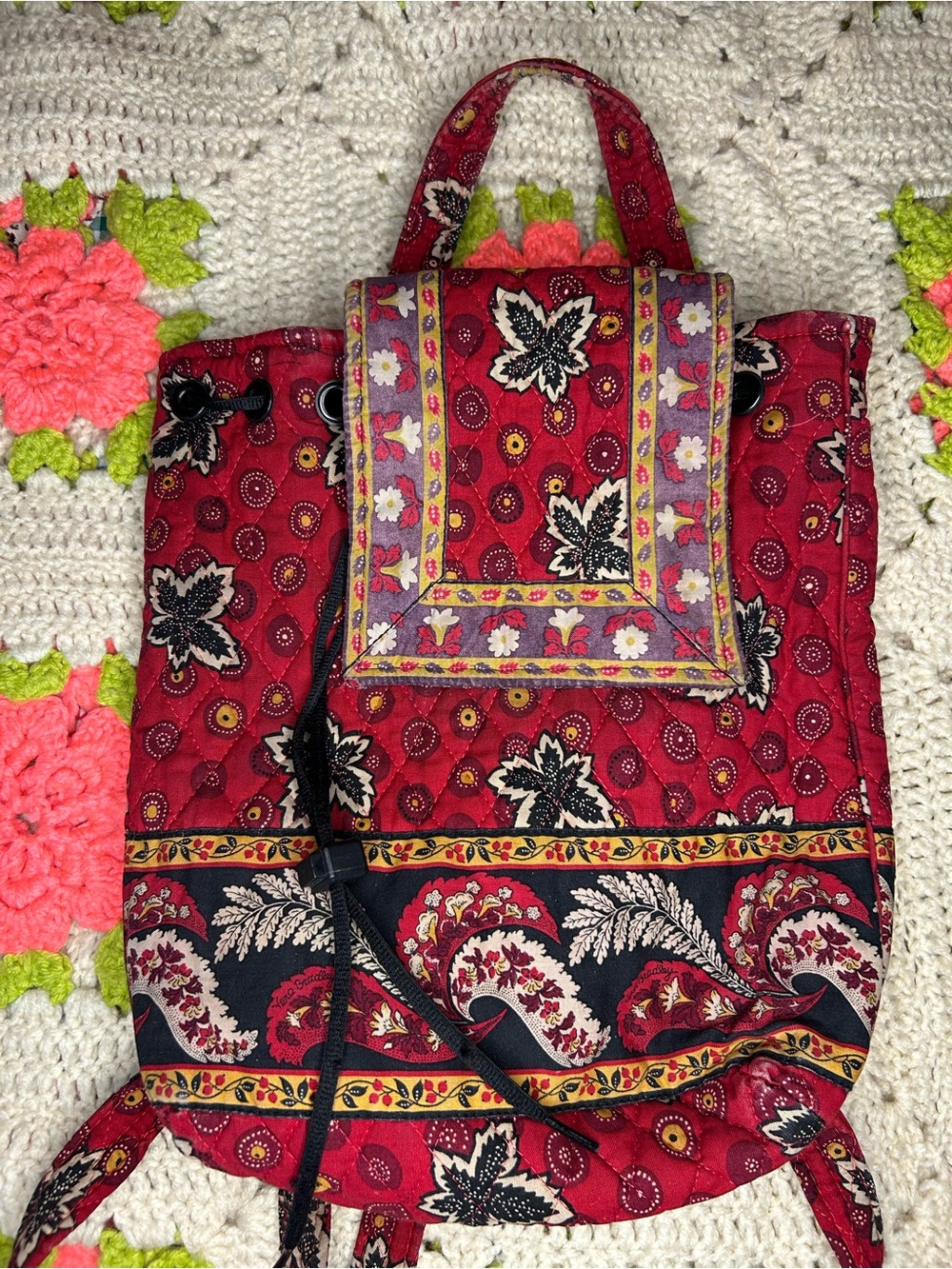 Vera Bradley red coin maple leaf vintage quilted  Drawstring Backpack